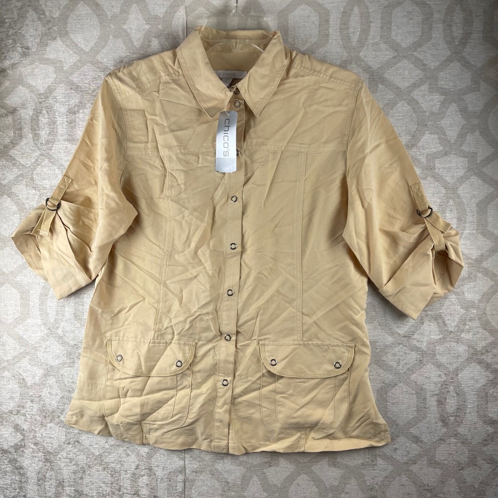 Chico's Fine Twill Jada Shacket Women Size 1 M Beige Roll Tab Utility Shirt NWT